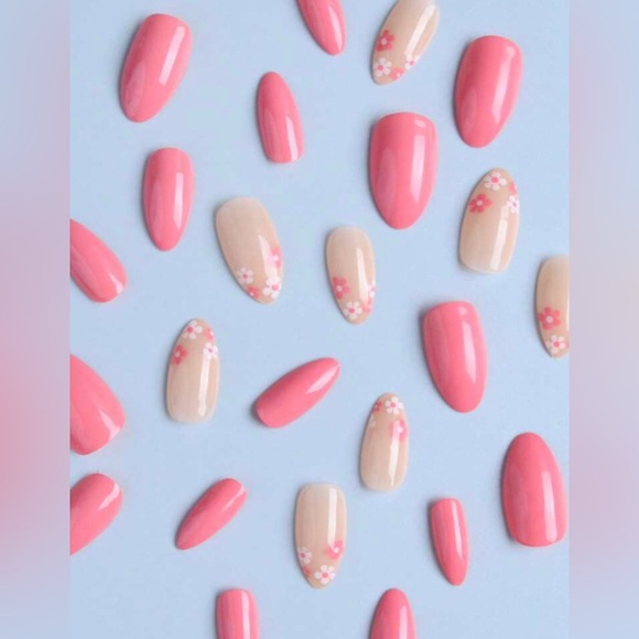 24pcs Long Almond Pink Solid Flower Pattern Press On Nail Set❤️ - Picture 3 of 5